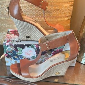 MICHAEL Michael Kors Brown Vachetta Leather MK Plate Wedge Sandals, Size 10